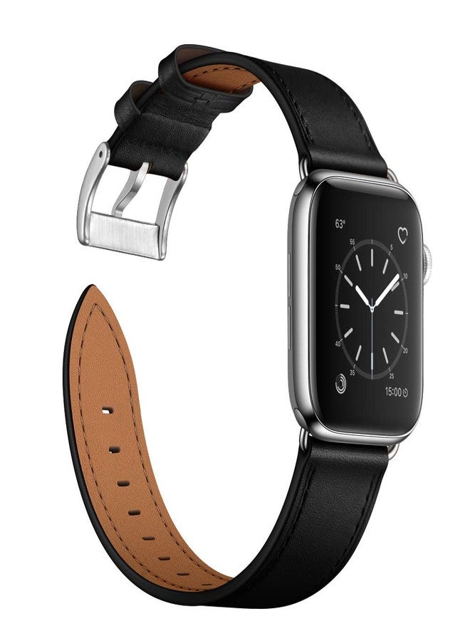 OUHENG Leather Bands Compatible with Apple Watch Band 45mm/49mm/44mm/46mm/42mm, Genuine Leather Strap Replacement for iWatch Series 11/10/9/8/7/6/5/4/3/2/1 & Ultra 3/2/1 & SE3 SE2 SE Men Black Silver - Image 4